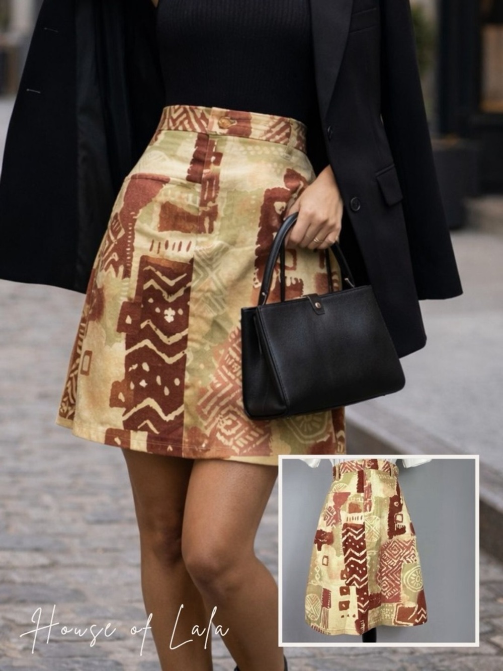 Vintage 90s Jean Artsy Boho Tribal Safari A Line mini Skirt.